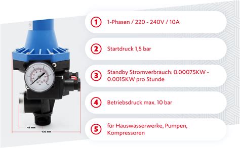 Wiltec Druckschalter mit Kabel SKD 3 230V bis 10 bar Druckwächter mit