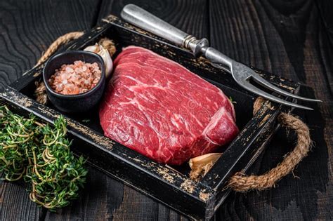 Raw Top Sirloin Cap Beef Cut Meat Steak Or Picanha In Wooden Tray With