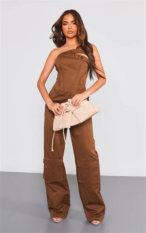 Chocolate Corset Utility Flared Bandeau Jumpsuit Prettylittlething Usa