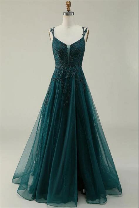 A Line Spaghetti Straps Dark Green Long Prom Dress With Appliques On Luulla