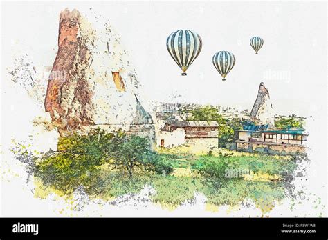 A Watercolor Sketch Or Illustration Hot Air Balloons In The Sky In Cappadocia In Turkey The