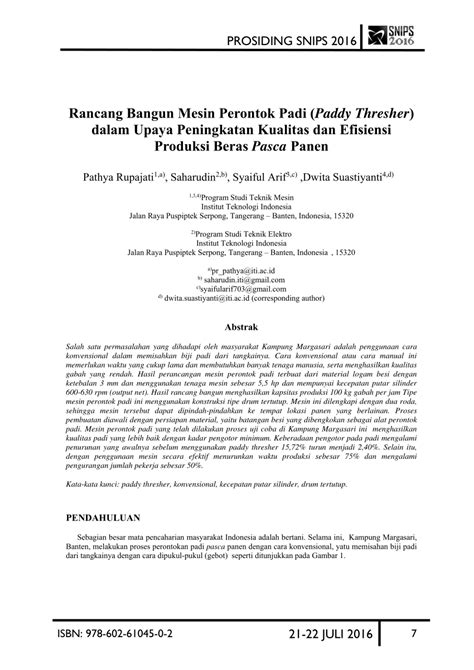 PDF Rancang Bangun Mesin Perontok Padi Paddy Trasher Dalam Upaya