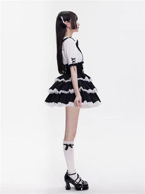 Black High Waist Three Layered Skirt With White Lace Ruffle Trims