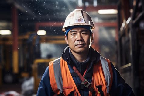 Premium AI Image A Korean Industrial Worker Wearing A Safety Vest And