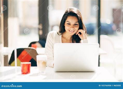 Beautiful Brunette Using Notebook Stock Photo Image Of Hair Laptop