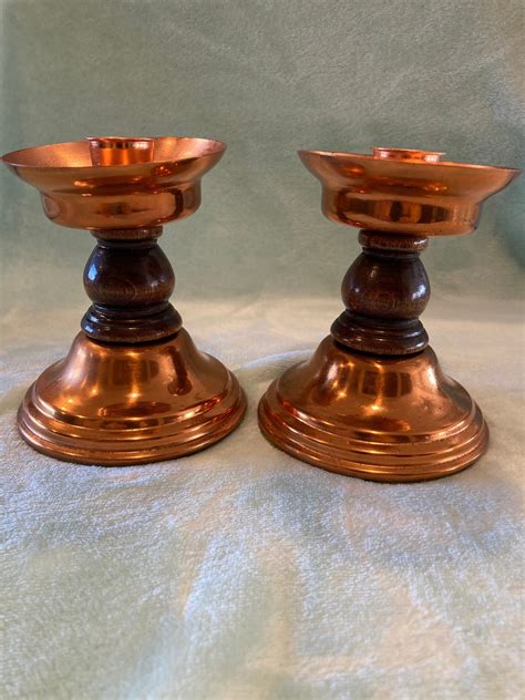 Vintage Copper Candle Holders Set Of 2 Coppercraft Guild Wood Etsy