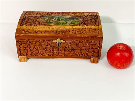 Vintage Wood Box Floral Top Design Decoupage Carved Top On Wooden Box