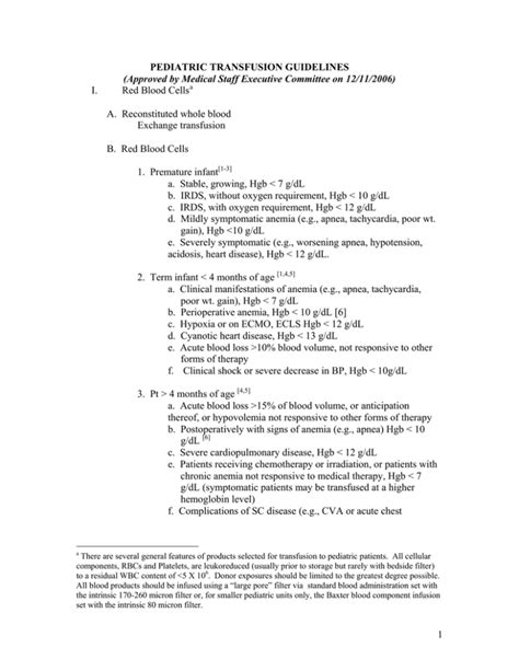 PEDIATRIC TRANSFUSION GUIDELINES (Approved by Medical Staff Executive ...