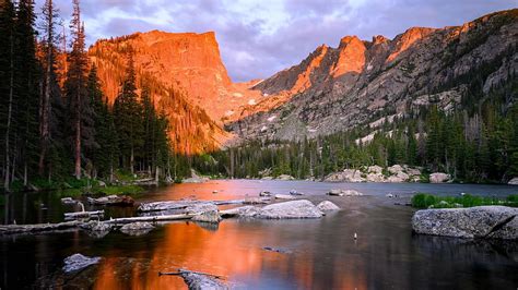 Dream Lake Rocky Mountain NP Colorado Trees Clouds Sky Rocks