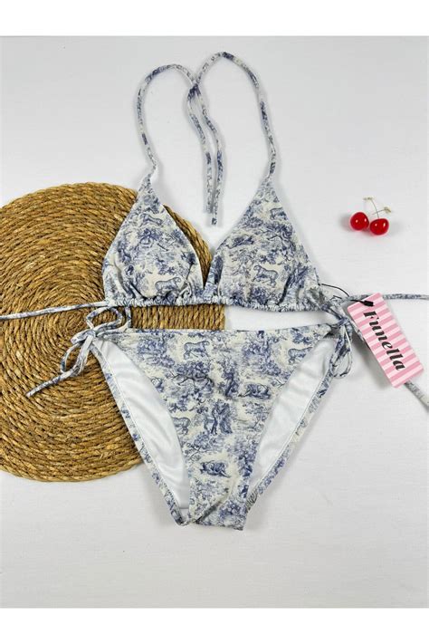 FUNELLA Desenli üçgen mavi bikini takımı Fiyatı Yorumları