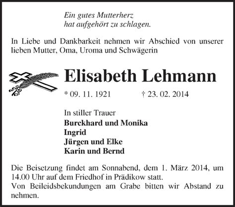 Traueranzeigen von Elisabeth Lehmann Märkische Onlinezeitung Trauerportal