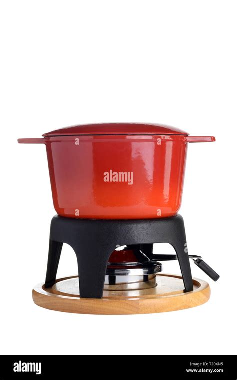 Isolated Red Cast Iron Fondue Pot Stock Photo Alamy