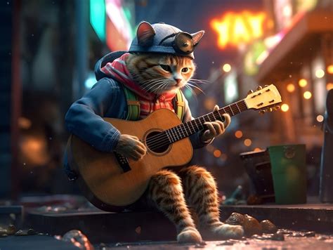 Premium AI Image | 4K ultra HD wallpaper of hipster cat wearing beanie hat playing guitar