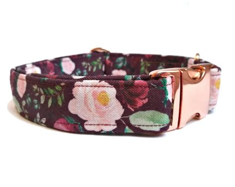 Burgundy Floral Dog Collar With Pink Roses Eco Canvas Cute Etsy Dog