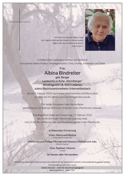 Albina Bindreiter Wurz Bestattung