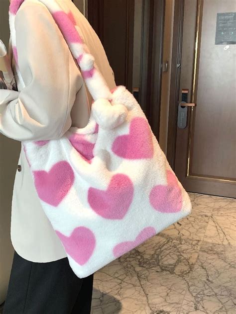 Olivia Mark Fluffy Heart Pattern Shoulder Tote Bag Women Tote Bags