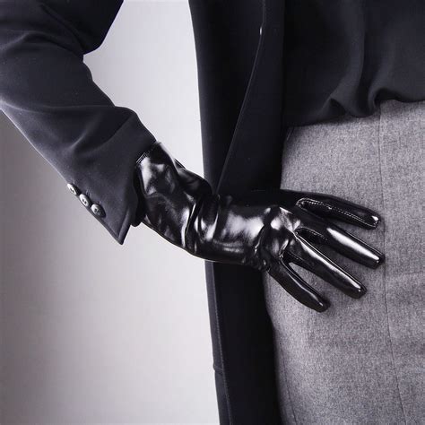 Shine Leather Faux Patent Leather 27Cm Wrist Long Gloves Black Cosplay