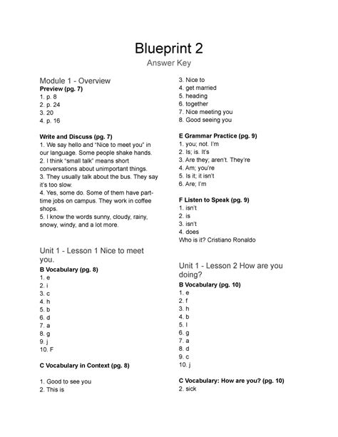 Blueprint 2 Student Book Answer Key Blueprint 2 Answer Key Module 1