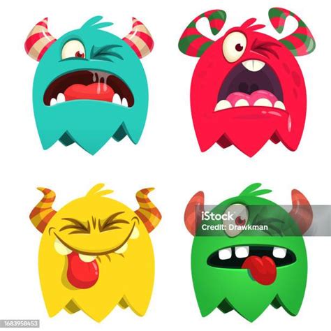 Funny Cartoon Monsters Set With Different Face Expressions Vector