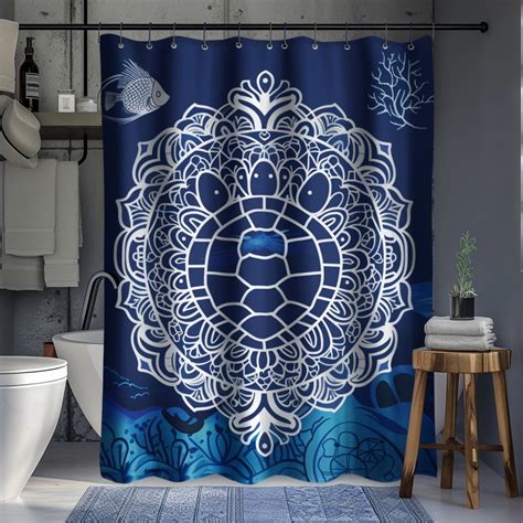 Hyperrealistic Turtle Mandala Shower Curtain Dark Blue And White