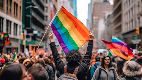 Premium Ai Image Crowd Raising And Holding Rainbow Flags During Gay