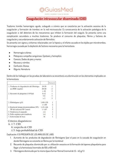 Coagulación intravascular diseminada CID Patología medica GuiasMed