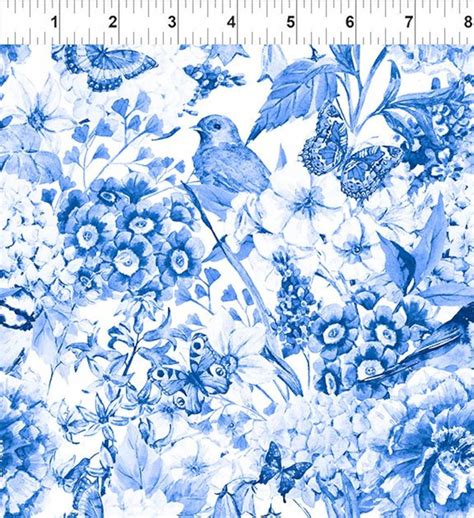 Bird Fabric, Blue Bird Toile, Periwinkle Spring, Flowers Hydrangea, in ...