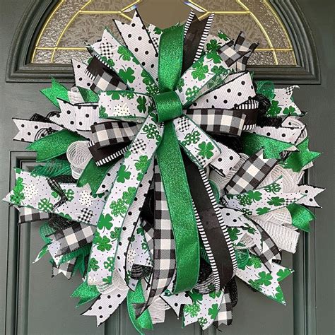 St Patricks Day Wreath March Shamrock Mesh Wreath For Front Door