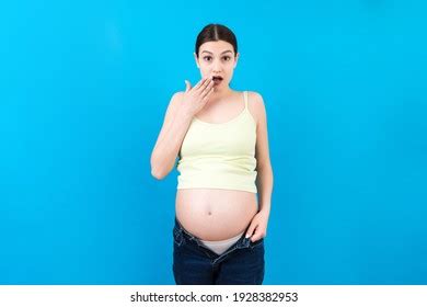 Pregnant Woman Unzipped Jeans Showing Her Stock Photo 1928382953