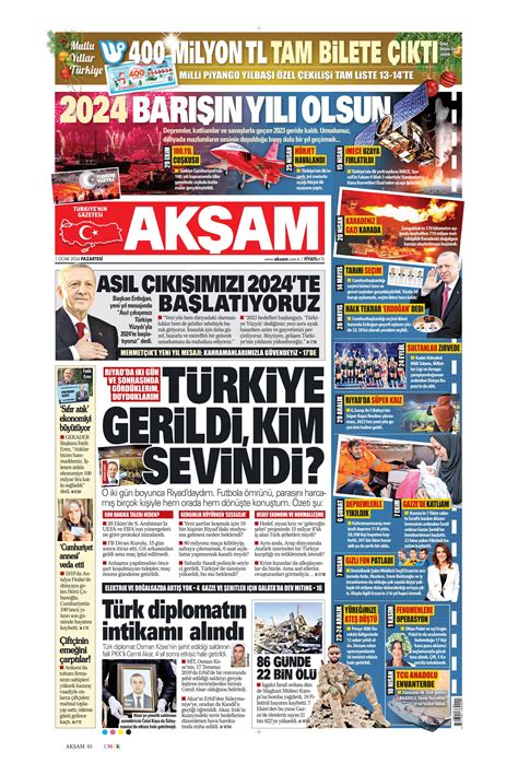 Akşam Gazetesi 1 Ocak 2024 Pazartesi Günü Manşeti