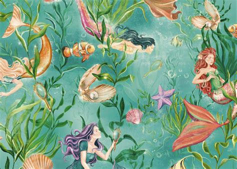 Mermaid Wallpaper Sirens In 2 Colours Nautical Wallpaper Fantasy