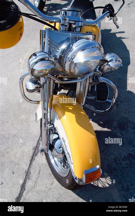 Birds eye view of yellow classic style Harley Davidson motorcycle Stock ...