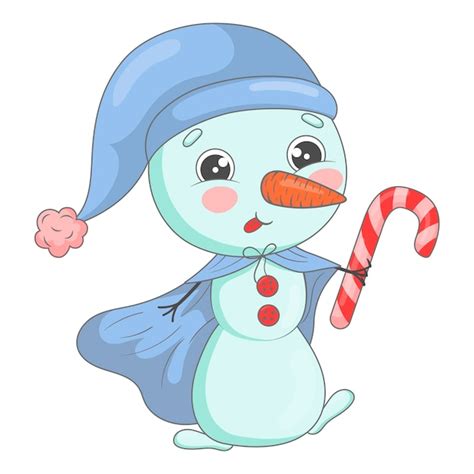 Boneco de neve bonito dos desenhos animados em um chapéu azul e capa de