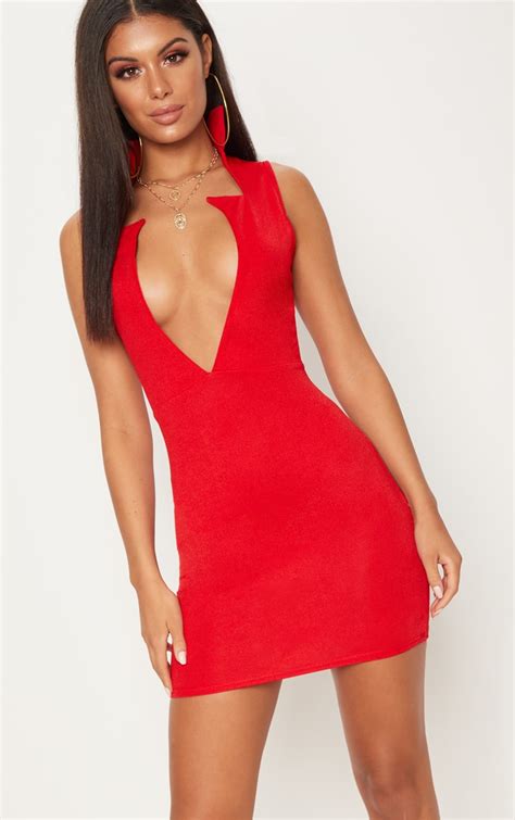 Red Sleeveless Extreme Plunge Collar Detail Bodycon Dress