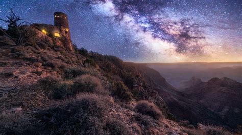 Grand Canyon Desert View Watchtower At Night With Milky Way Arizona