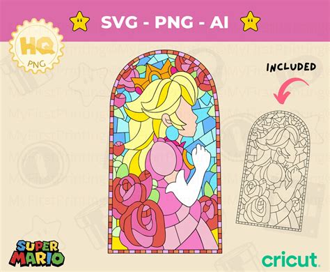 Princess Peach Stained Glass Window SVG Mario PNG Layered Mario