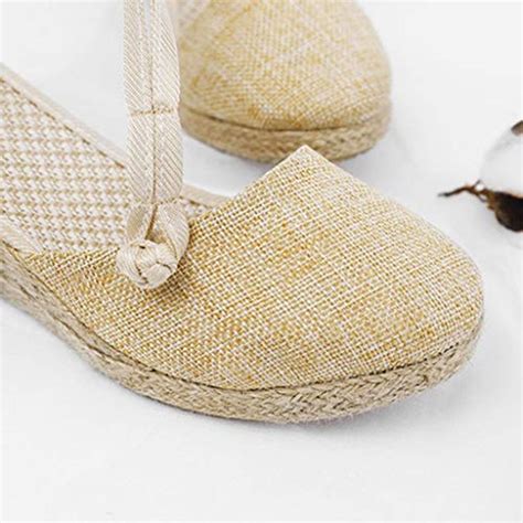 Hot Women Retro Linen Canvas Wedge Sandals Ladies Buckle Round Toe Platform Solid Color Closed