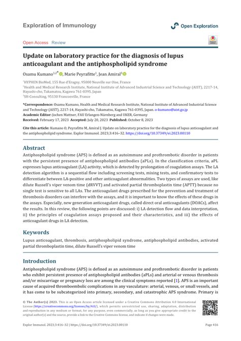 Pdf Update On Laboratory Practice For The Diagnosis Of Lupus Anticoagulant And The