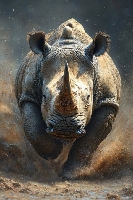 Rhino Charging Through Mud With Determined Expression Against A