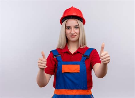 Garota Loira Jovem Engenheira Construtora Satisfeita De Uniforme