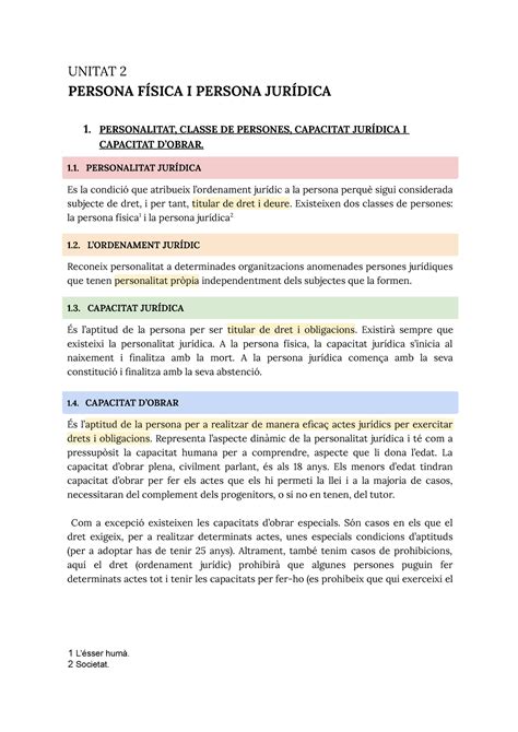 TEMA 2 DERECHO CIVIL LA PERSONA FÍSICA Y LA PERSONA JURÍDICA UNITAT