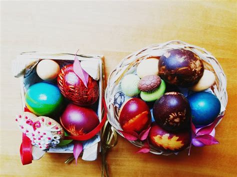 Decoration Of Colored Easter Eggs Easter Basket Filled With Hand