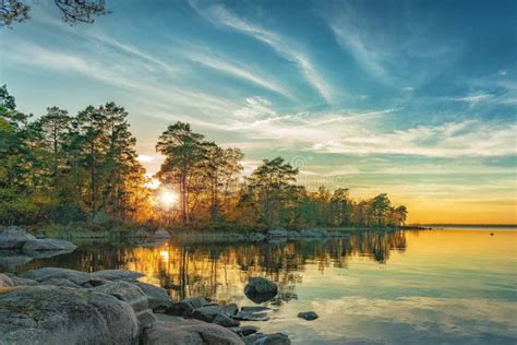 Autumn Landscape on the Lake at Sunset Time Stock Image - Image of ...