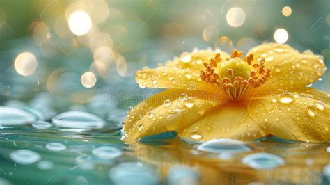 A Yellow Flower With Water Droplets On It In A Pond Ai Stock