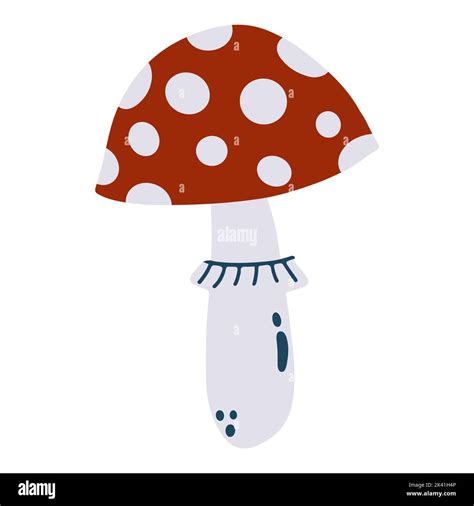 Hand Drawn Amanita Mushroom In Cartoon Flat Style Isolated On White Background Vector