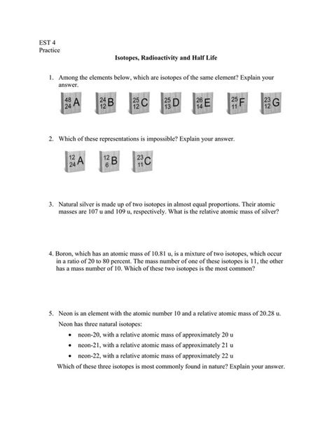 Half Life Of Radioactive Isotopes Worksheet Half Life Relative Atomic Mass Worksheets