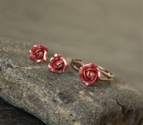 Dusty Pink Roses Set Jewelry Polymer Clay Jewelry Floral Etsy Pink