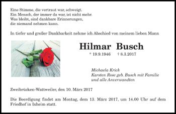 Traueranzeigen Von Hilmar Busch Saarbruecker Zeitung Trauer De