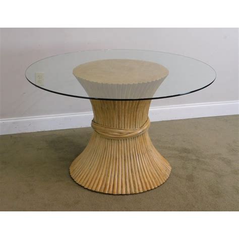 Mcguire Style Wheat Sheaf Rattan 48 Round Glass Top Dining Table