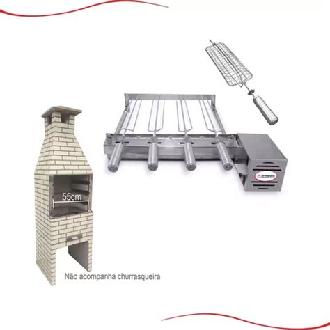 Kit Grill Inox Churrasqueira Pré Moldada 55cm Gira 4 Espetos